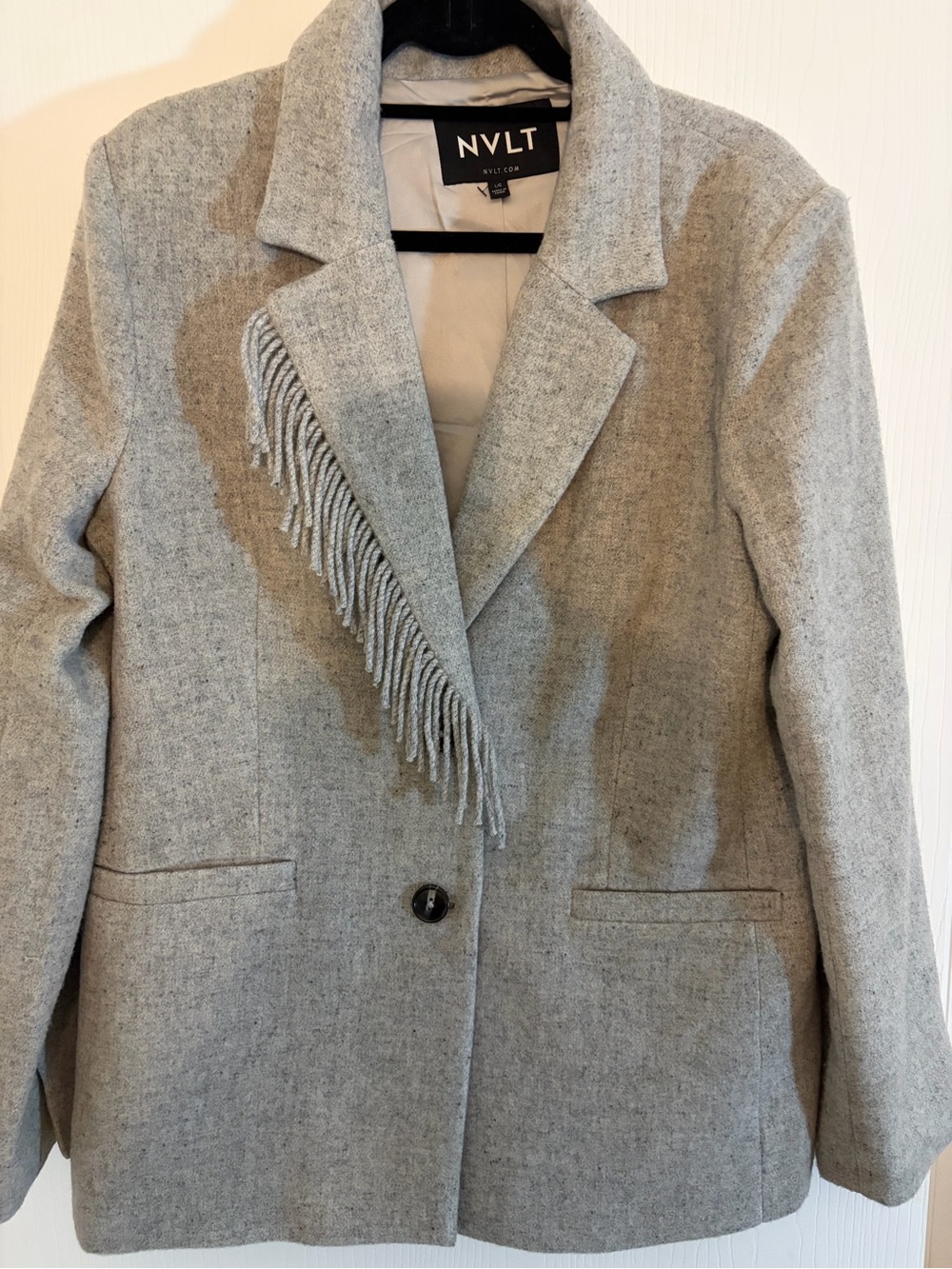 NVLT Light Gray Fringe Wool-Blend Blazer Jacket